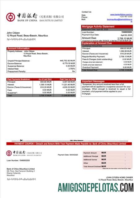 realista Mauritius Bank Of China (Maurício) Declaração de hipoteca limitada Word e modelo PDF